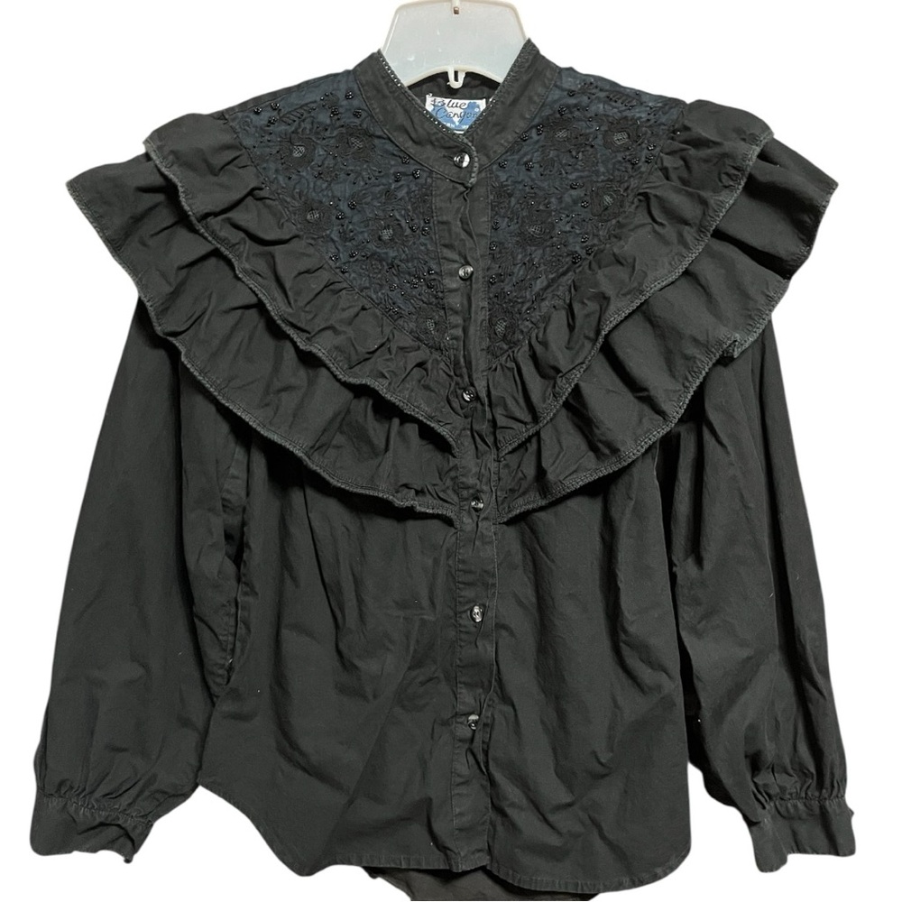 Black Ruffled Beaded Western Long Sleeve Bib Collar Blouse S